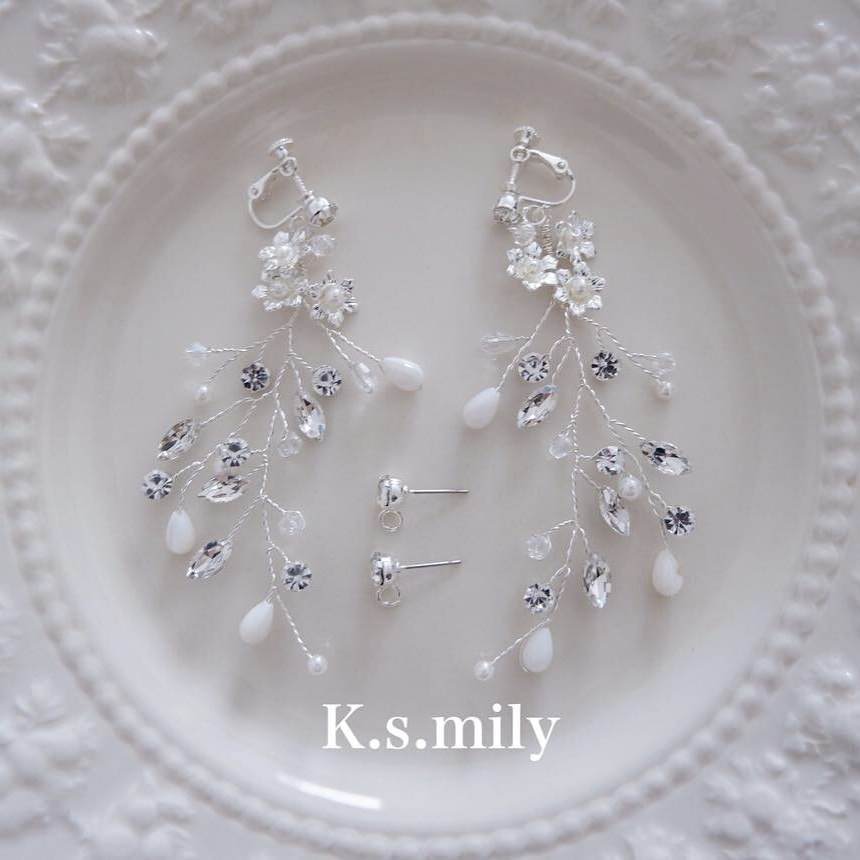 【イヤリング】ブライダルイヤリング 小枝イヤリング フラワー ビジュー リーフ f6 【結婚式 ピアス イヤリング】