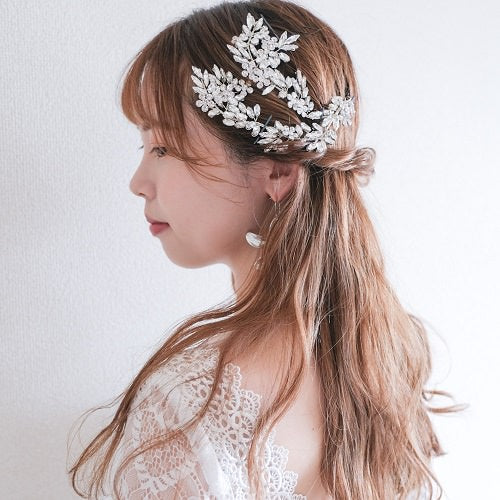 【ヘッドドレス】ブライダルヘッドドレス ビジュー リーフフラワー f8 【結婚式　ヘアアクセサリー】