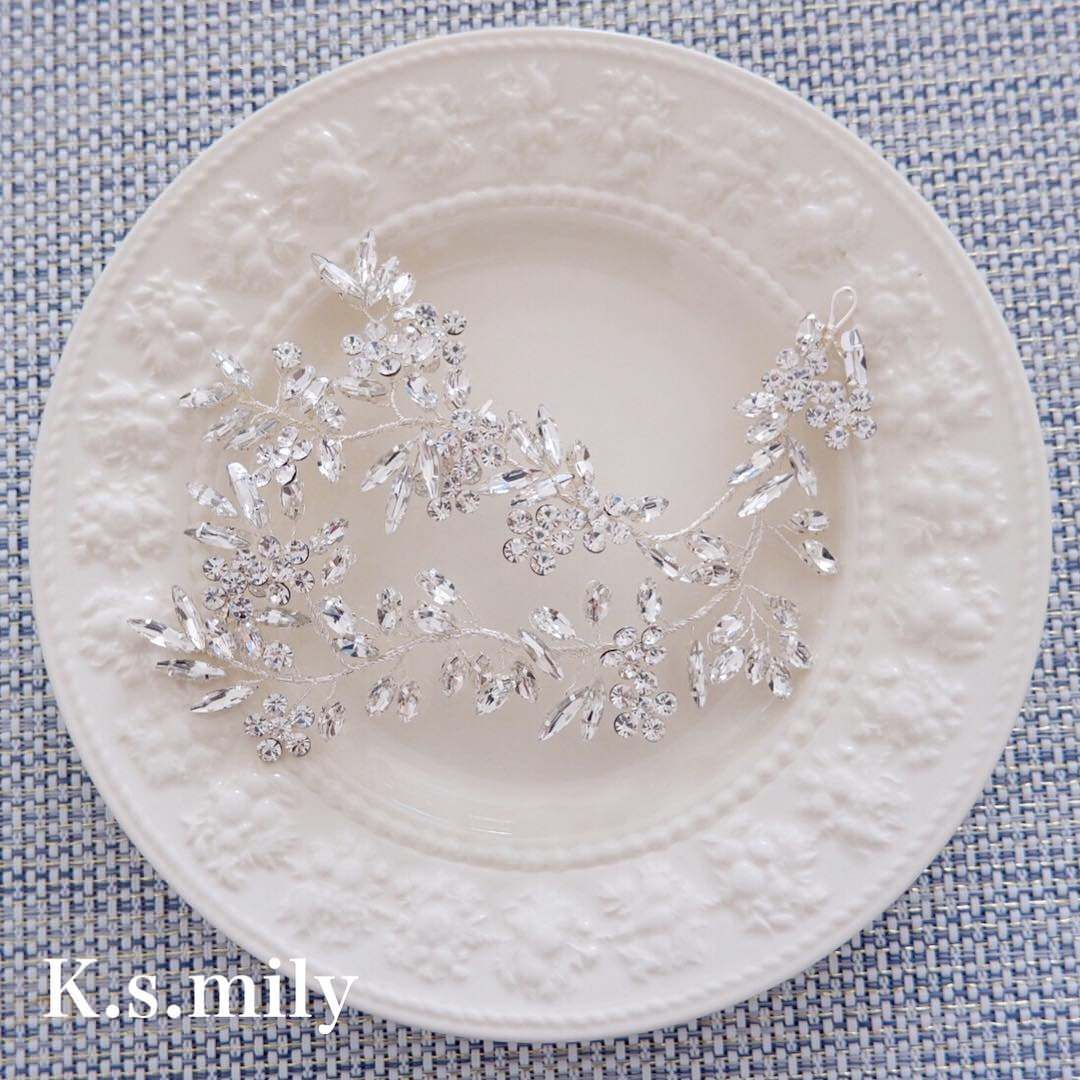 【ヘッドドレス】ブライダルヘッドドレス ビジュー リーフフラワー f8 【結婚式 ヘアアクセサリー】