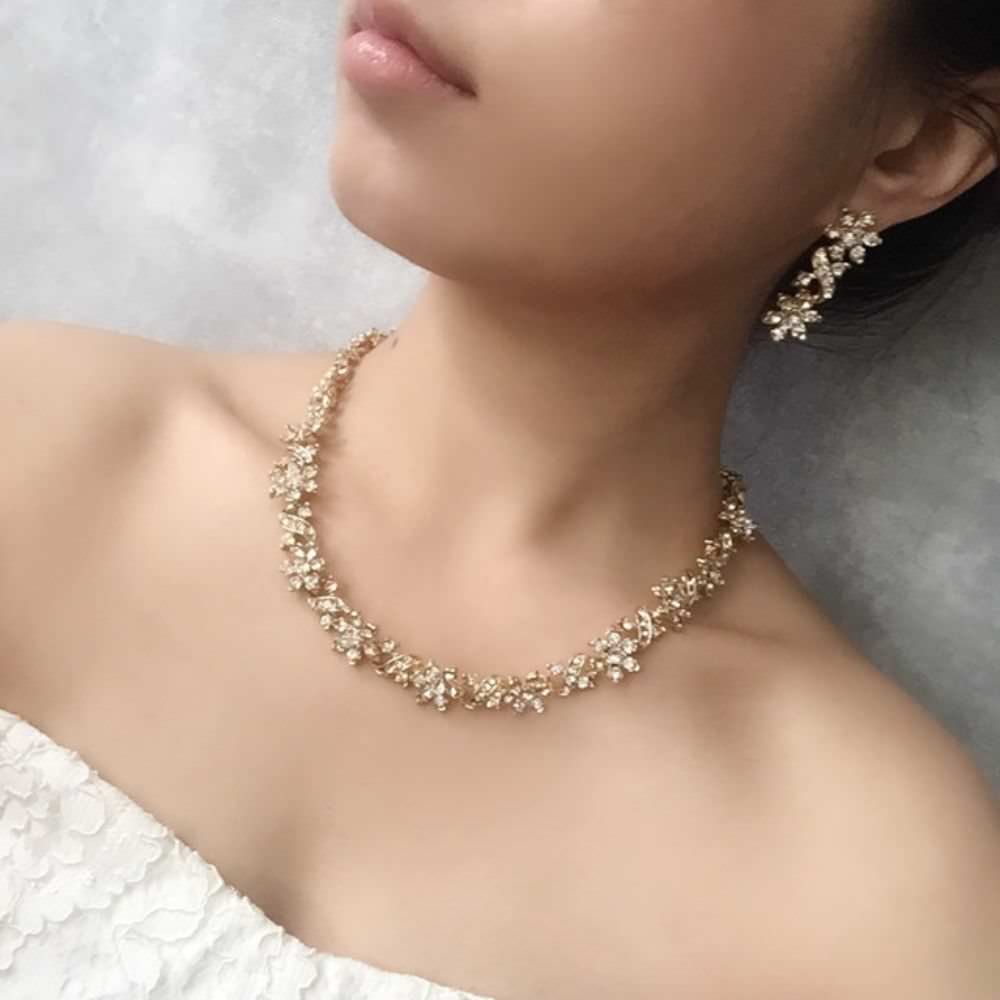 bijou ビジューゴールドネックレス&ピアスセット/ブライダルアクセサリー 【結婚式 アクセサリーセット】