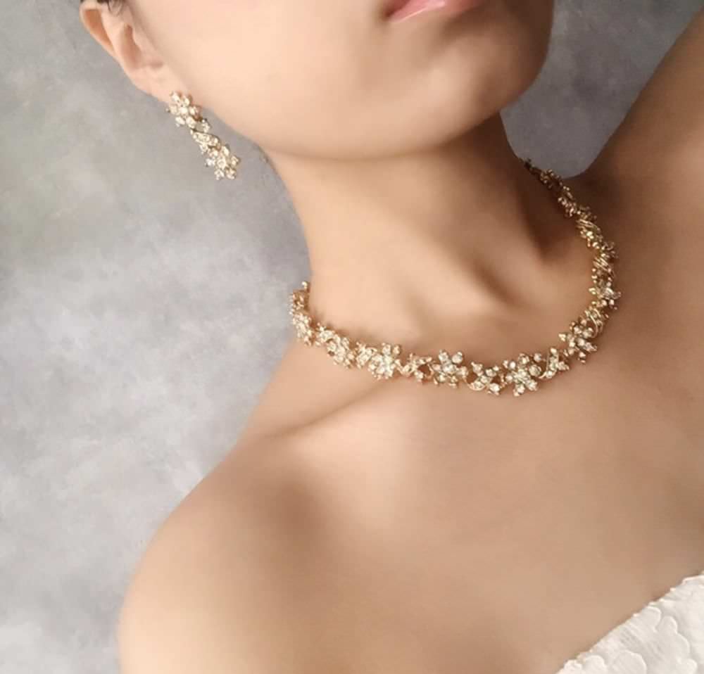 bijou ビジューゴールドネックレス&ピアスセット/ブライダルアクセサリー 【結婚式 アクセサリーセット】