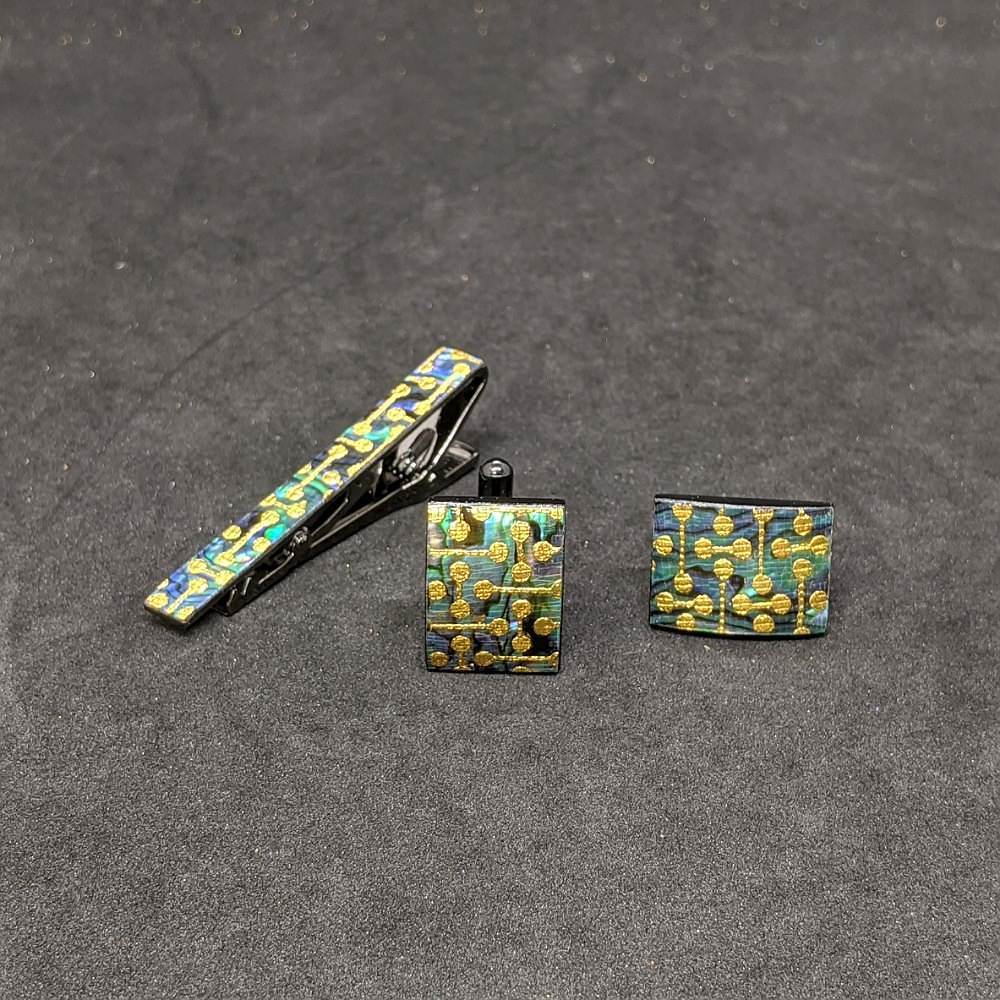 【着物職人手作り 金彩螺鈿ネクタイピン・カフスボタンセット】ゴールド Nsplus 19675 【結婚式 カフス タイピン 小物】