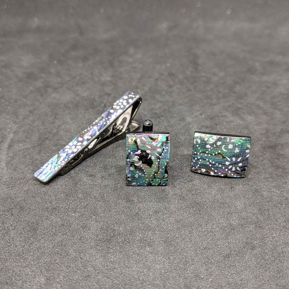 【着物職人手作り 金彩螺鈿ネクタイピン・カフスボタンセット】シルバー Nsplus 19674 【結婚式 カフス タイピン 小物】