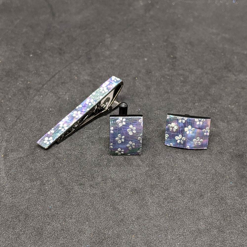 【着物職人手作り 金彩螺鈿ネクタイピン・カフスボタンセット】シルバー Nsplus 19673 【結婚式 カフス タイピン 小物】