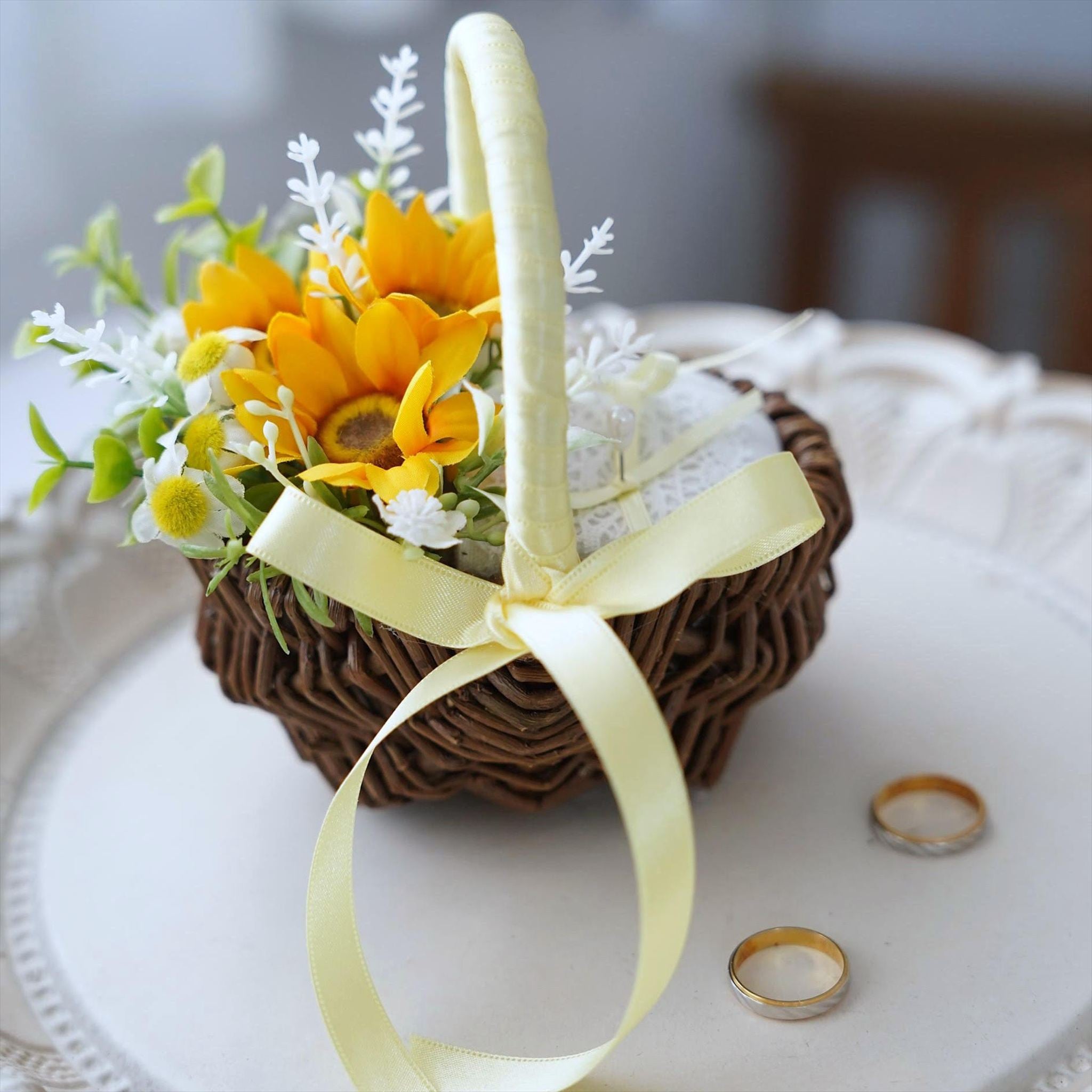 ハンドメイド　ひまわりブーケ、花輪、リングピロー ひまわりのリングピロー【結婚式 フワラー アーティフィシャルフラワー