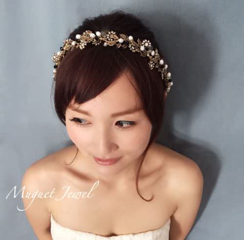 【ヘッドドレス】pearl×black リボンカチューシャ/ブライダルアクセサリー 【結婚式　ヘアアクセサリー】