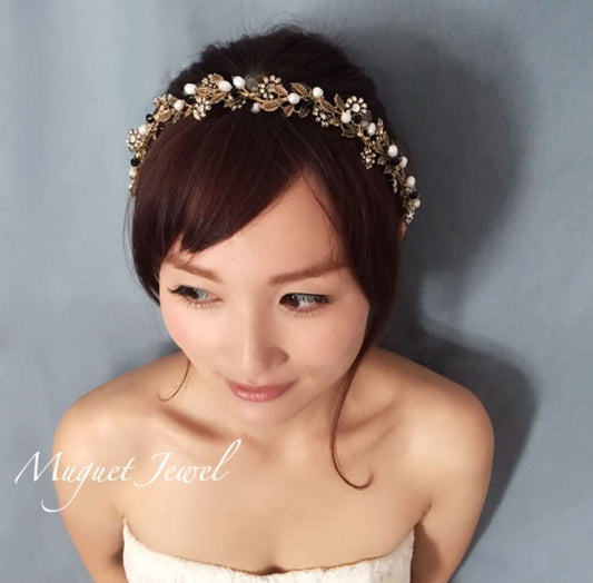 【ヘッドドレス】pearl×black リボンカチューシャ/ブライダルアクセサリー 【結婚式 ヘアアクセサリー】