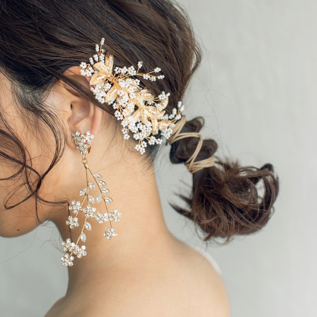 【ヘッドドレス】ブライダルヘッドドレス ビーズ リーフ ゴールド h1 【結婚式 ヘアアクセサリー】