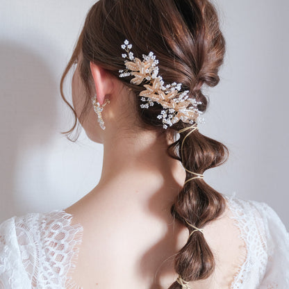 【ヘッドドレス】ブライダルヘッドドレス ビーズ リーフ ゴールド h1 【結婚式 ヘアアクセサリー】