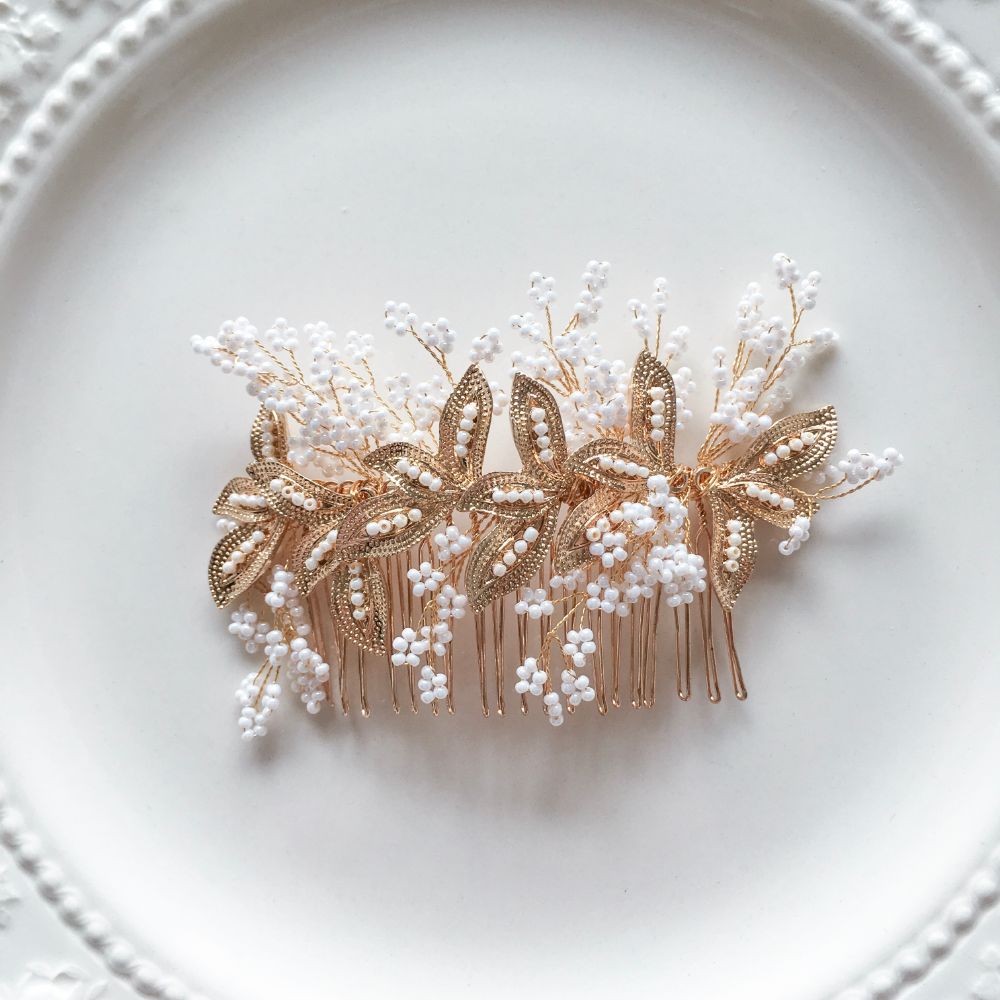 【ヘッドドレス】ブライダルヘッドドレス ビーズ リーフ ゴールド h1 【結婚式 ヘアアクセサリー】