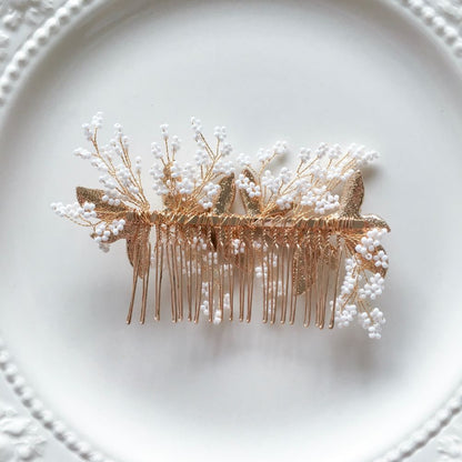 【ヘッドドレス】ブライダルヘッドドレス ビーズ リーフ ゴールド h1 【結婚式 ヘアアクセサリー】