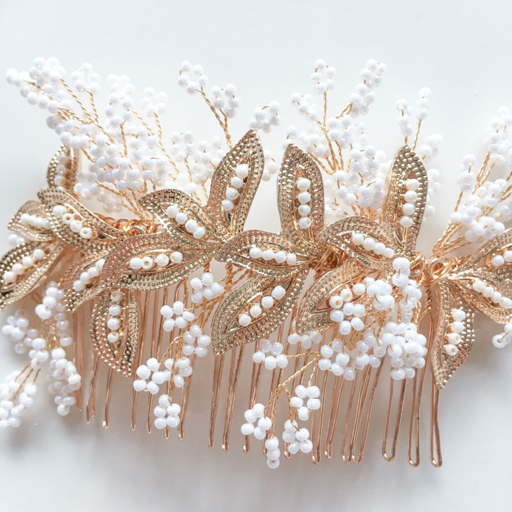 【ヘッドドレス】ブライダルヘッドドレス ビーズ リーフ ゴールド h1 【結婚式 ヘアアクセサリー】