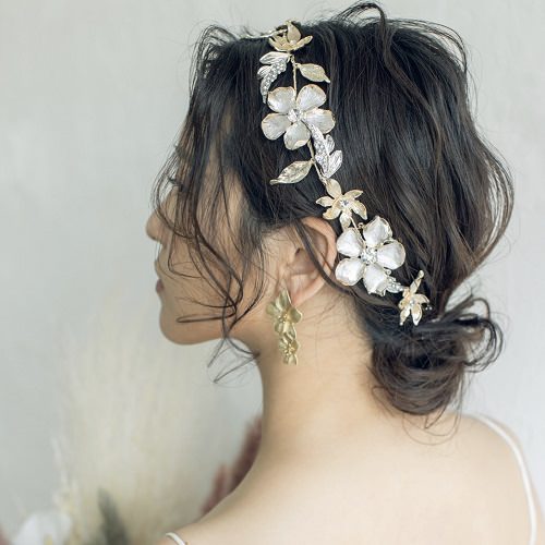 【ヘッドドレス】ブライダルヘッドドレス ビジュー リーフ フラワー ゴールドシルバー h4 【結婚式　ヘアアクセサリー】