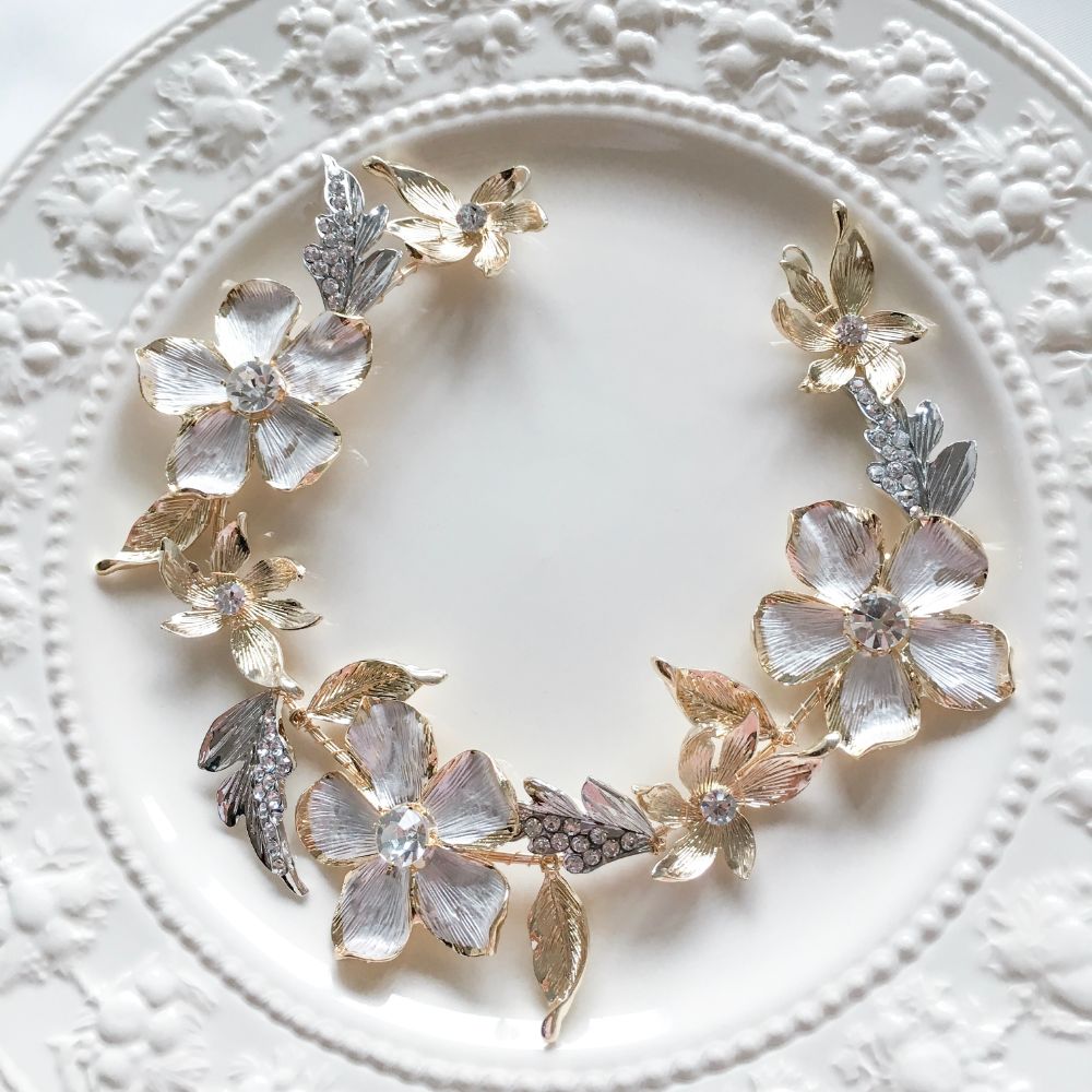 【ヘッドドレス】ブライダルヘッドドレス ビジュー リーフ フラワー ゴールドシルバー h4 【結婚式 ヘアアクセサリー】