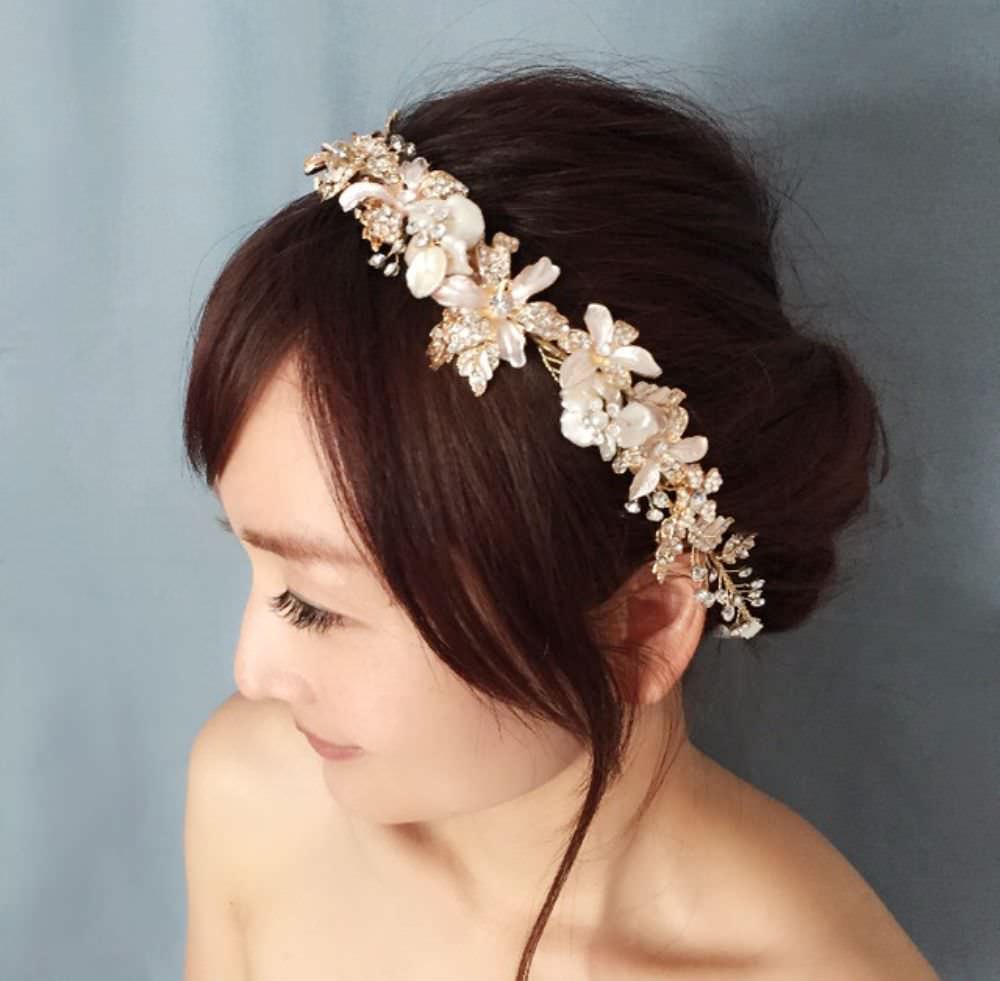 pearl gold リボンカチューシャ/ブライダルアクセサリー 【結婚式　ヘアアクセサリー】