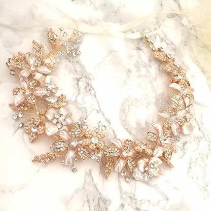 pearl gold リボンカチューシャ/ブライダルアクセサリー 【結婚式 ヘアアクセサリー】