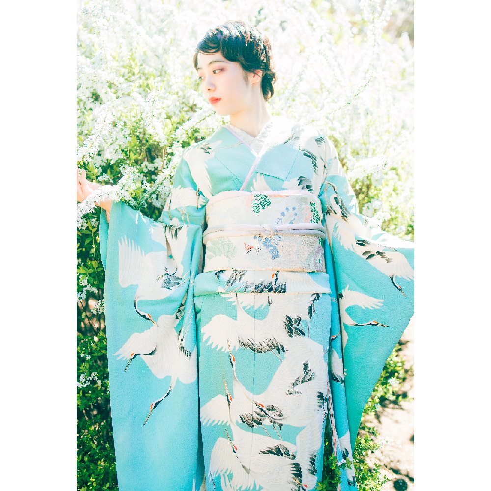 アンティーク復刻振袖 浅葱色地/飛翔鶴 【結婚式 和装 引き振袖 レンタル】