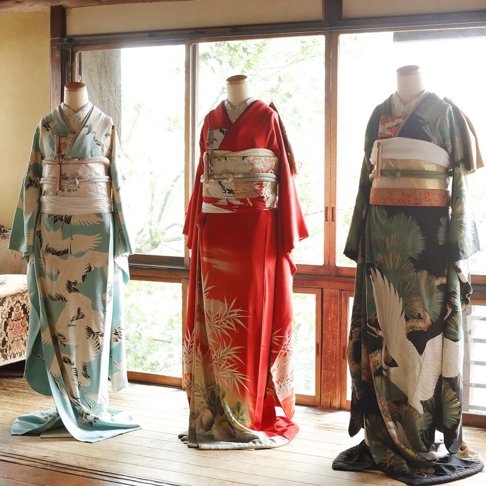 アンティーク復刻振袖 浅葱色地/飛翔鶴 【結婚式 和装 引き振袖 レンタル】