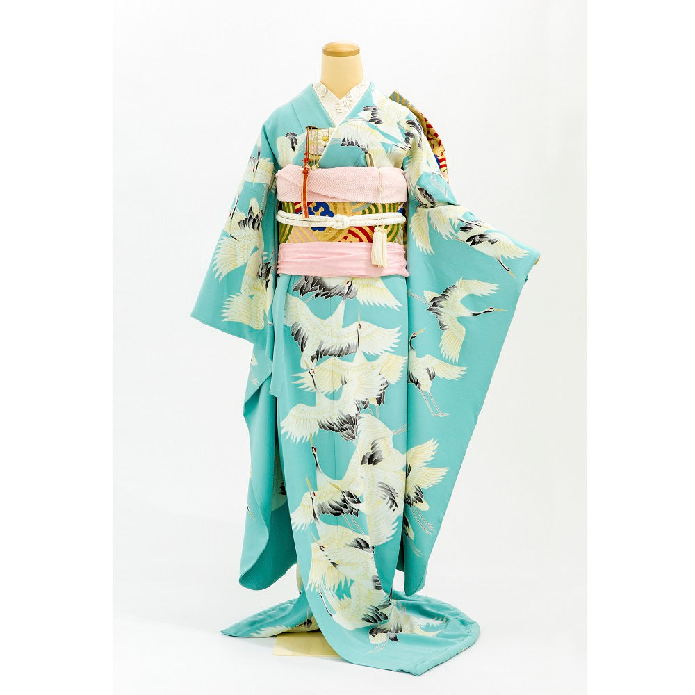 アンティーク復刻振袖 浅葱色地/飛翔鶴 【結婚式 和装 引き振袖 レンタル】