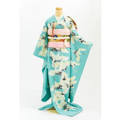 アンティーク復刻振袖 浅葱色地/飛翔鶴 【結婚式 和装 引き振袖 レンタル】