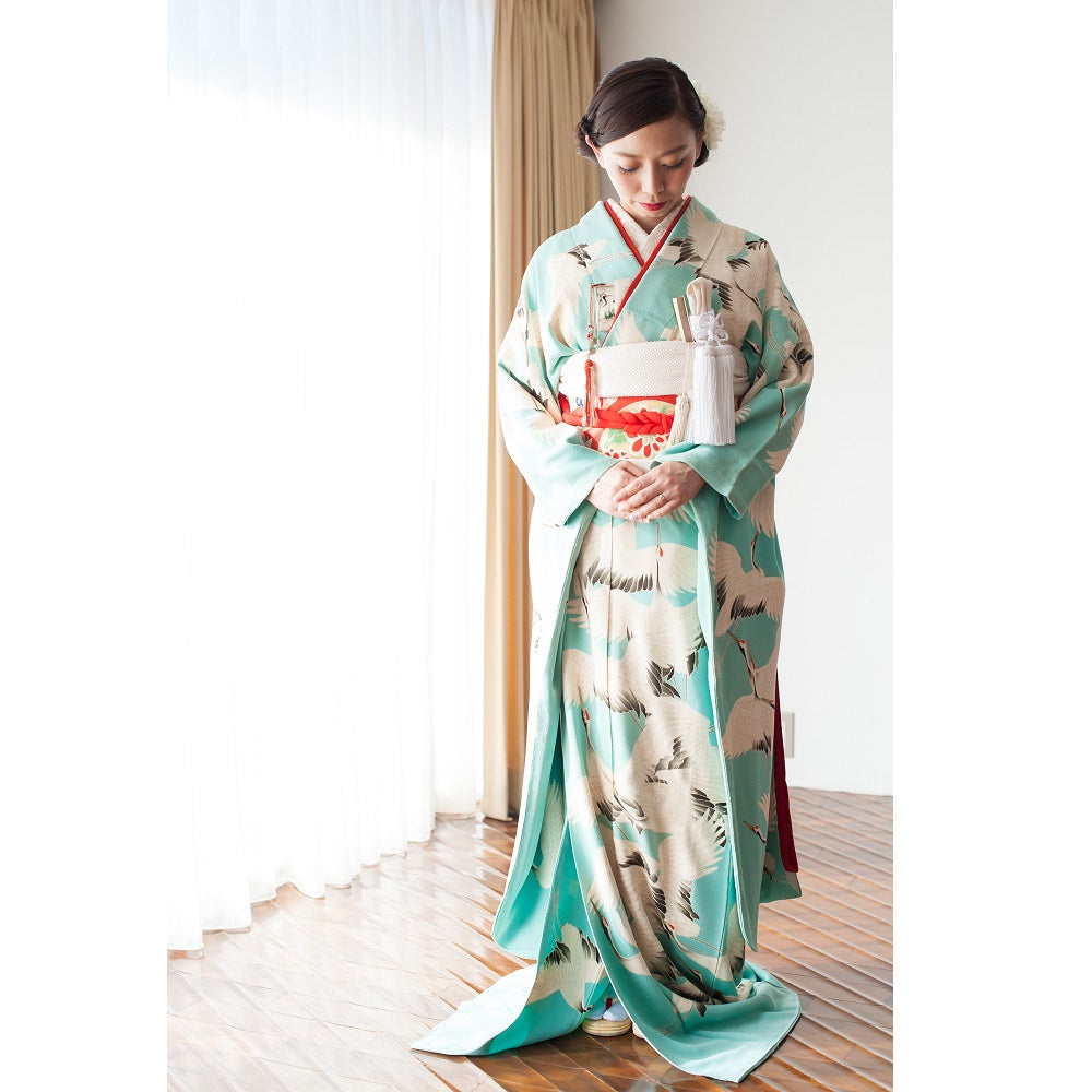 アンティーク復刻振袖 浅葱色地/飛翔鶴 【結婚式 和装 引き振袖 レンタル】