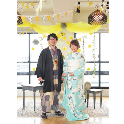 アンティーク復刻振袖　浅葱色地/飛翔鶴 【結婚式　和装　引き振袖　レンタル】