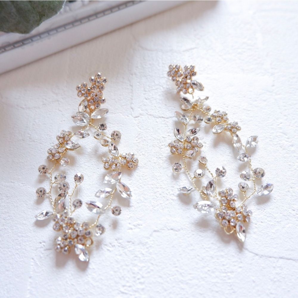 【ピアス】ブライダルピアス 小枝ピアス フラワー ビジュー リーフ ゴールド i9 【結婚式 ピアス イヤリング】