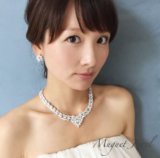 luxury ジルコニアネックレス&ピアスセット/ブライダルアクセサリー 【結婚式 アクセサリーセット】