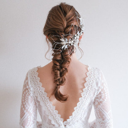 【ヘッドドレス】ブライダルヘッドドレス ビジュー リーフ ボンネ シルバー e7 【結婚式 ヘアアクセサリー】