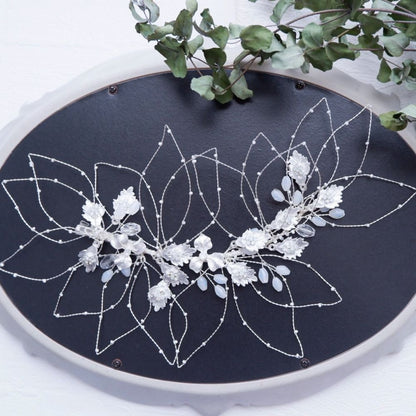 【ヘッドドレス】ブライダルヘッドドレス ビジュー リーフ ボンネ シルバー e7 【結婚式 ヘアアクセサリー】