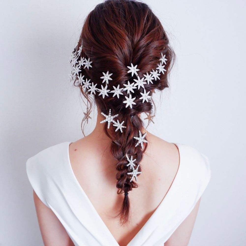 【ヘッドドレス】ブライダルヘッドドレス ビジュー スター フラワー ボンネ シルバー k3 【結婚式 ヘアアクセサリー】