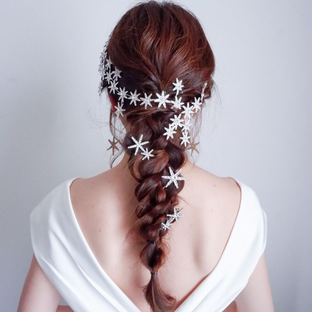 【ヘッドドレス】ブライダルヘッドドレス ビジュー スター フラワー ボンネ シルバー k3 【結婚式 ヘアアクセサリー】