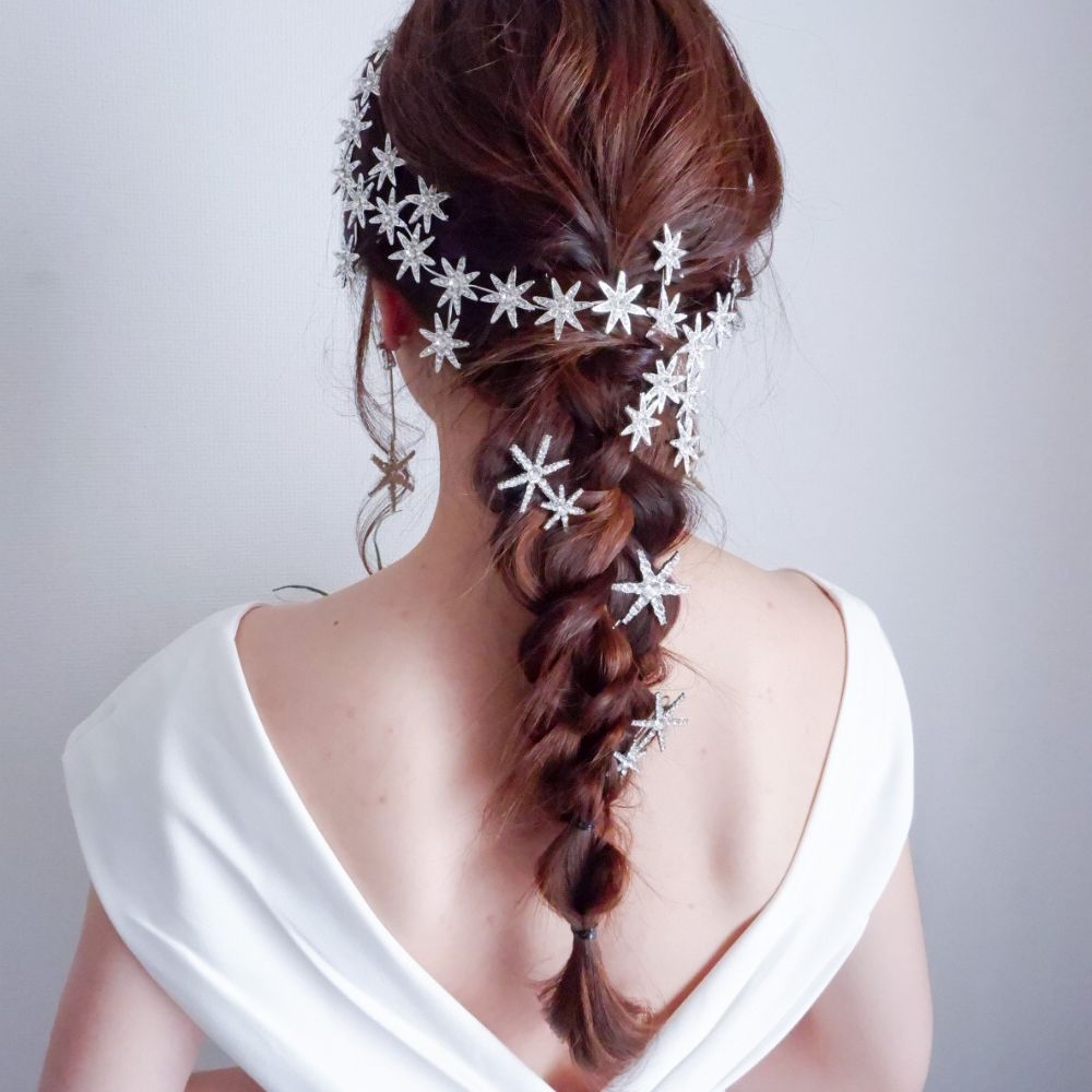 【ヘッドドレス】ブライダルヘッドドレス ビジュー スター フラワー ボンネ シルバー k3 【結婚式 ヘアアクセサリー】