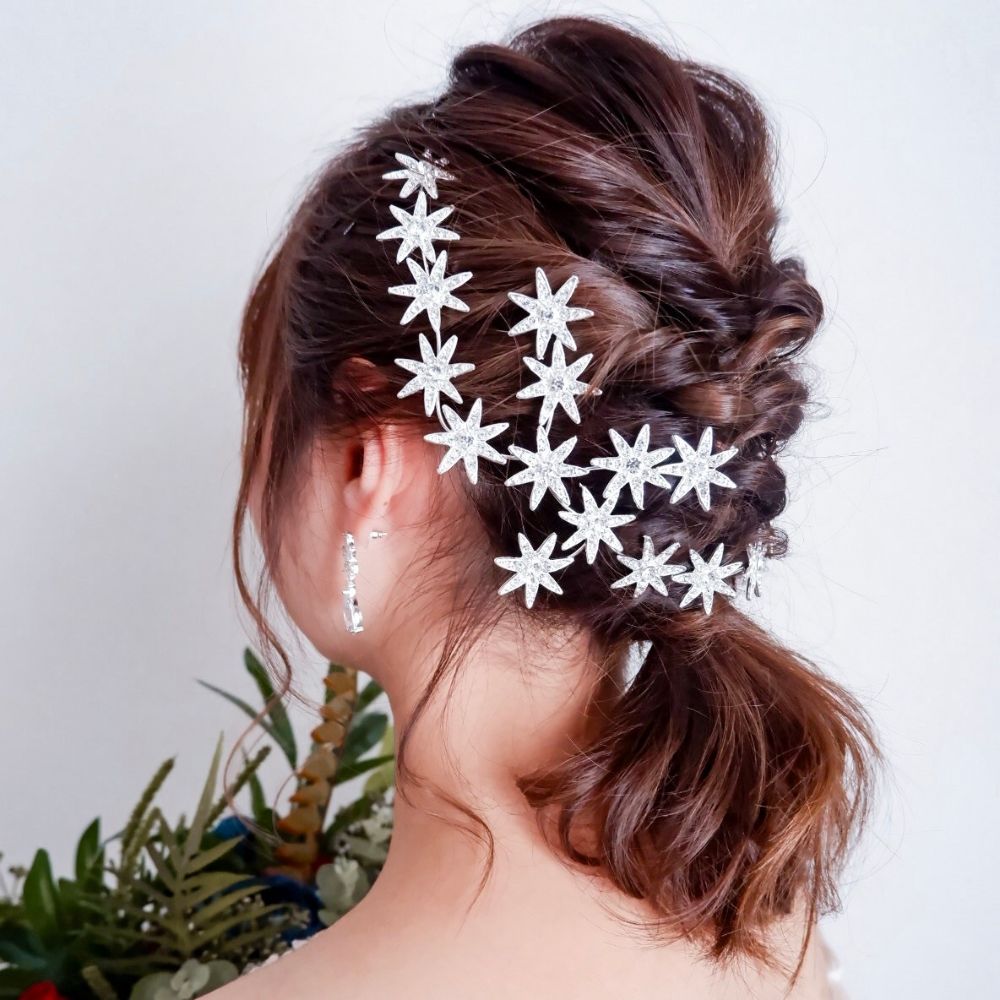 【ヘッドドレス】ブライダルヘッドドレス ビジュー スター フラワー ボンネ シルバー k3 【結婚式 ヘアアクセサリー】