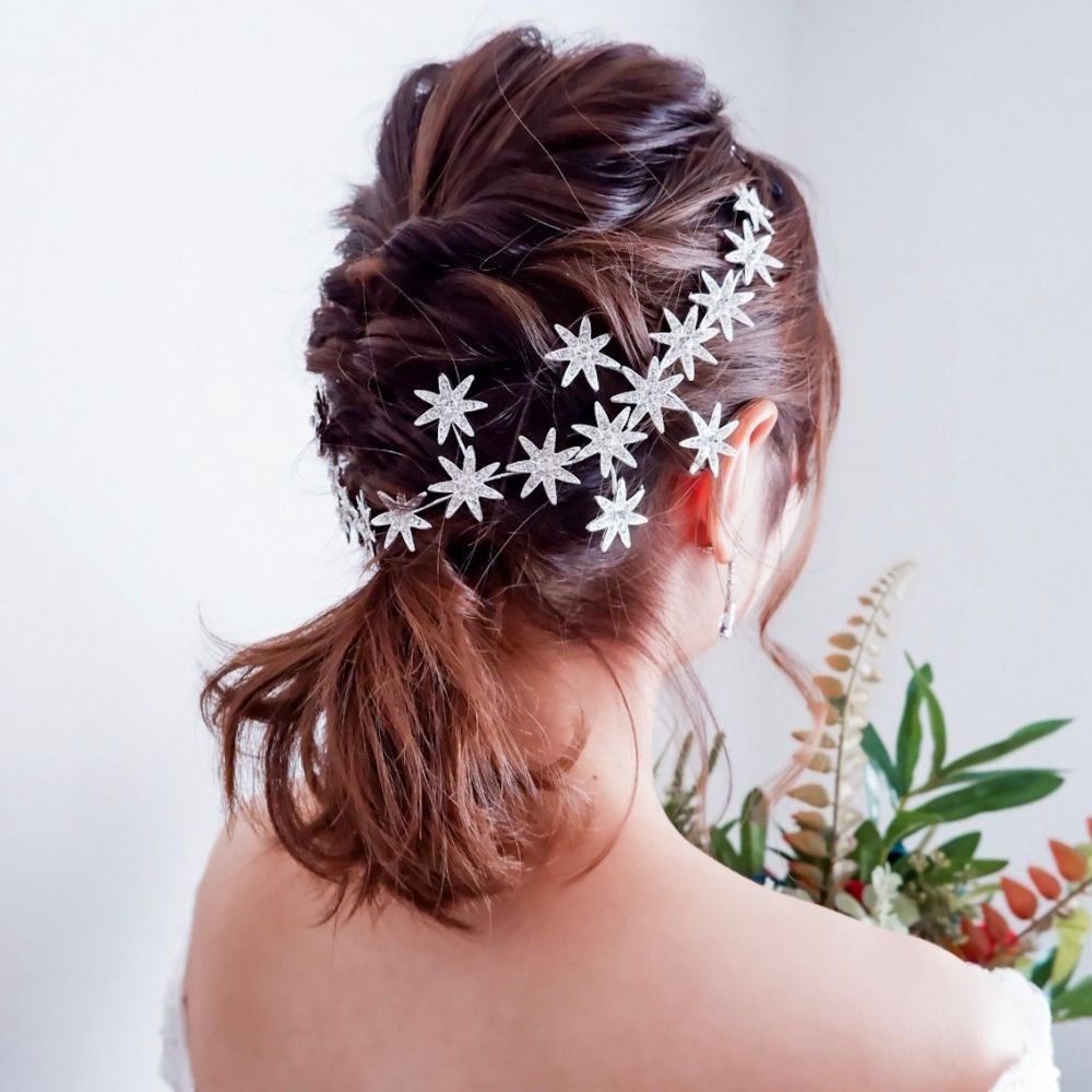 【ヘッドドレス】ブライダルヘッドドレス ビジュー スター フラワー ボンネ シルバー k3 【結婚式 ヘアアクセサリー】