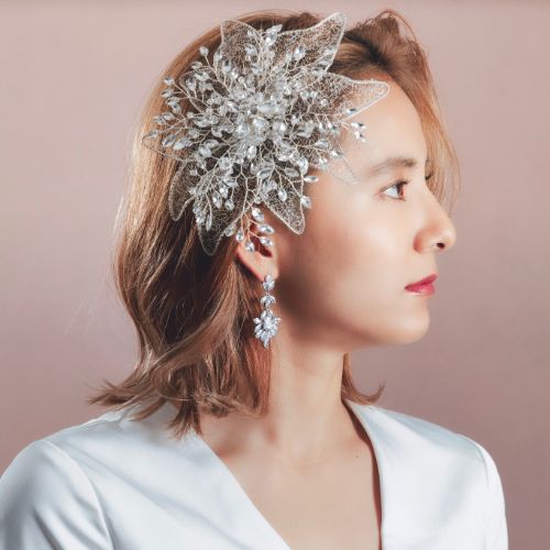 ブライダルヘッドドレス レース ビジュー ボンネ シルバー k4 【結婚式　ヘアアクセサリー】