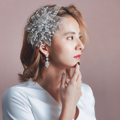 ブライダルヘッドドレス レース ビジュー ボンネ シルバー k4 【結婚式　ヘアアクセサリー】