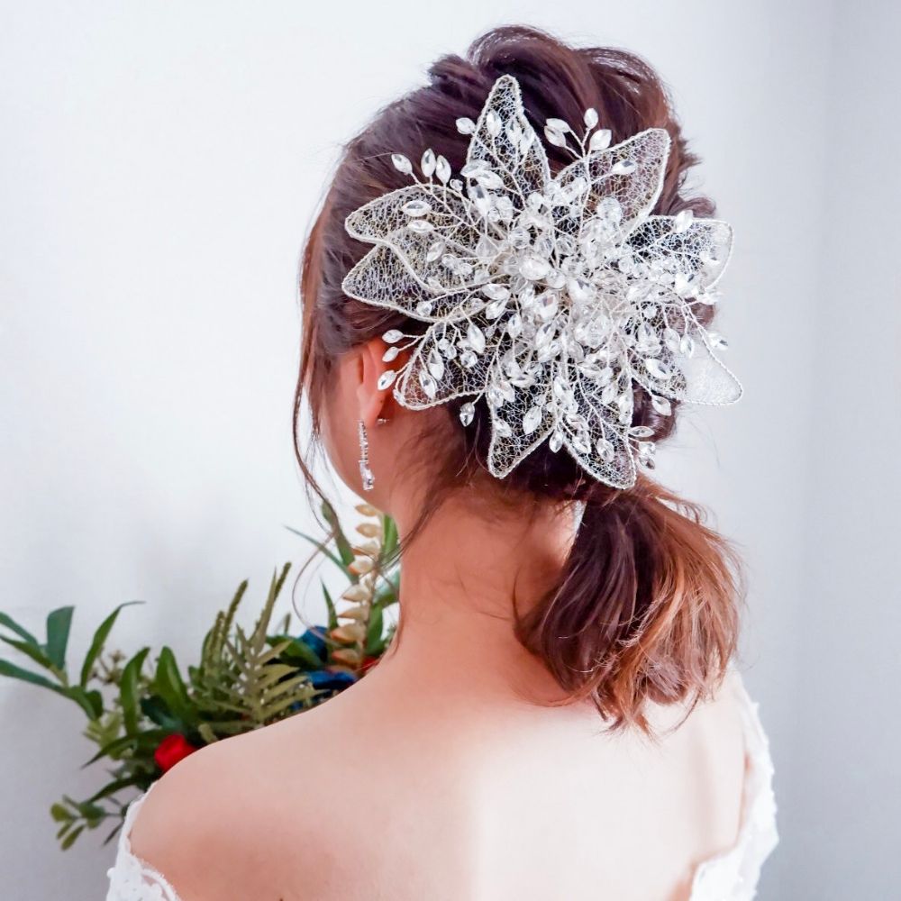 ブライダルヘッドドレス レース ビジュー ボンネ シルバー k4 【結婚式　ヘアアクセサリー】