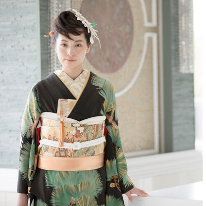 アンティーク振袖 黒地/老松総柄に鶴 【結婚式 和装 引き振袖 レンタル】