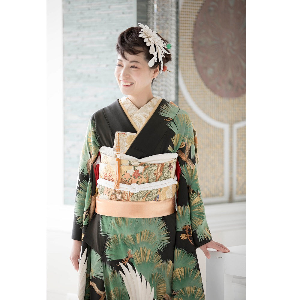 アンティーク振袖 黒地/老松総柄に鶴 【結婚式 和装 引き振袖 レンタル】