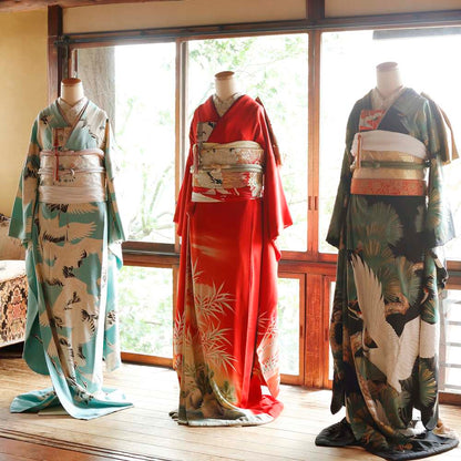 アンティーク振袖 黒地/老松総柄に鶴 【結婚式 和装 引き振袖 レンタル】