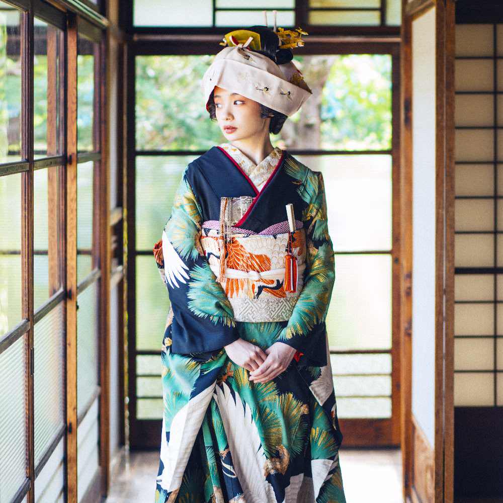 アンティーク振袖 黒地/老松総柄に鶴 【結婚式 和装 引き振袖 レンタル】