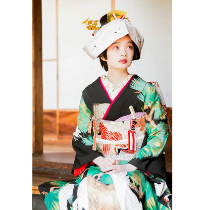 アンティーク振袖 黒地/老松総柄に鶴 【結婚式 和装 引き振袖 レンタル】