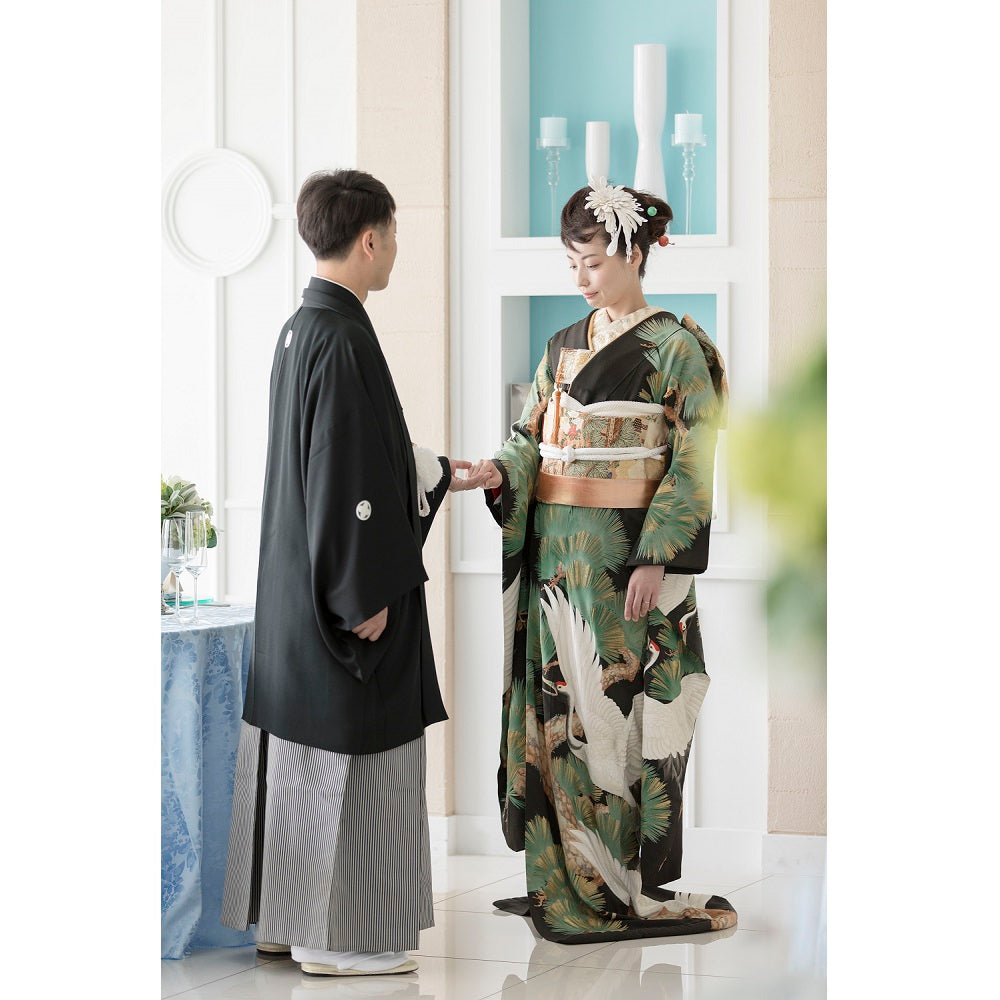 アンティーク振袖 黒地/老松総柄に鶴 【結婚式 和装 引き振袖 レンタル】