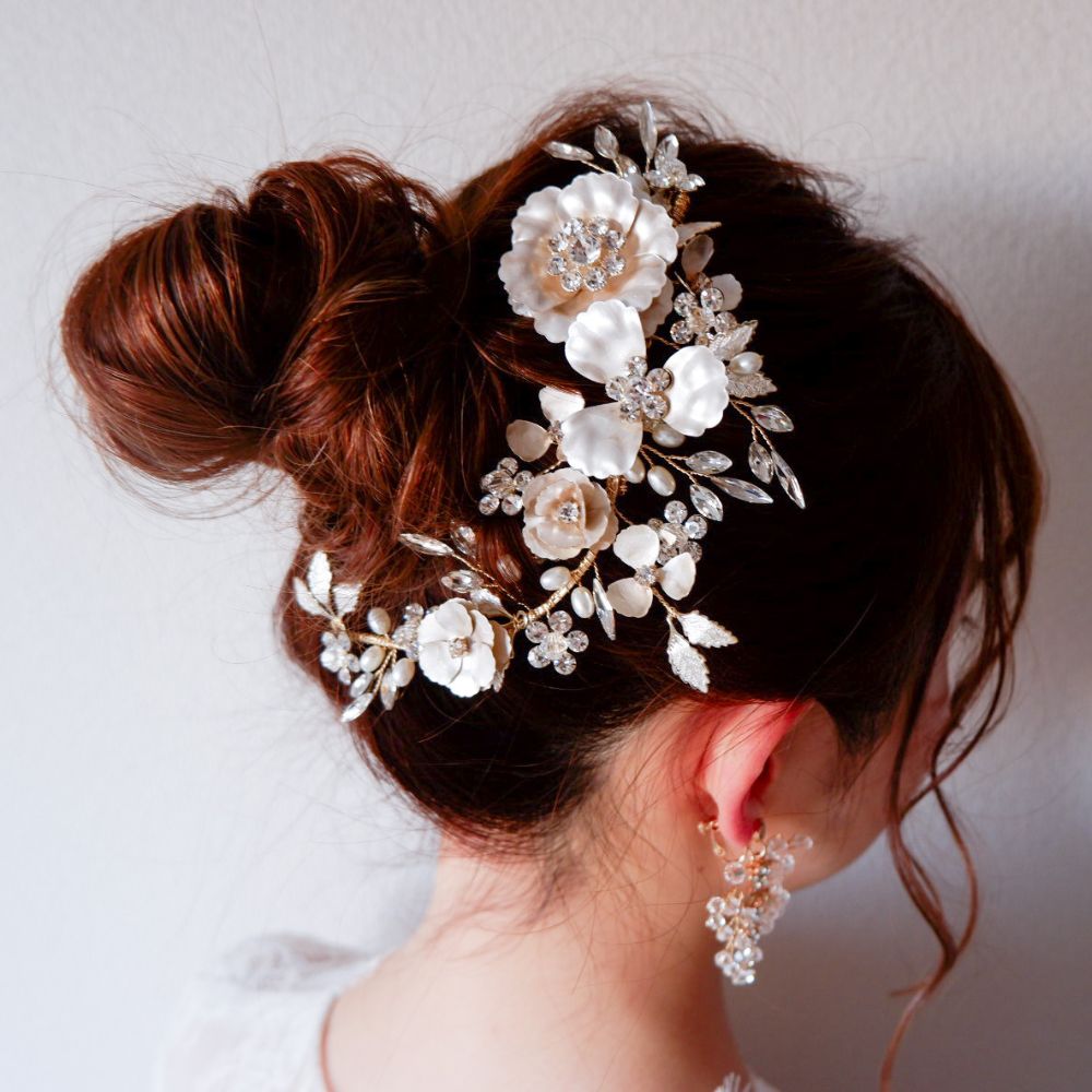 【ヘッドドレス】ブライダルヘッドドレス ビジュー フラワー ボンネ ゴールド m4 【結婚式 ヘアアクセサリー】