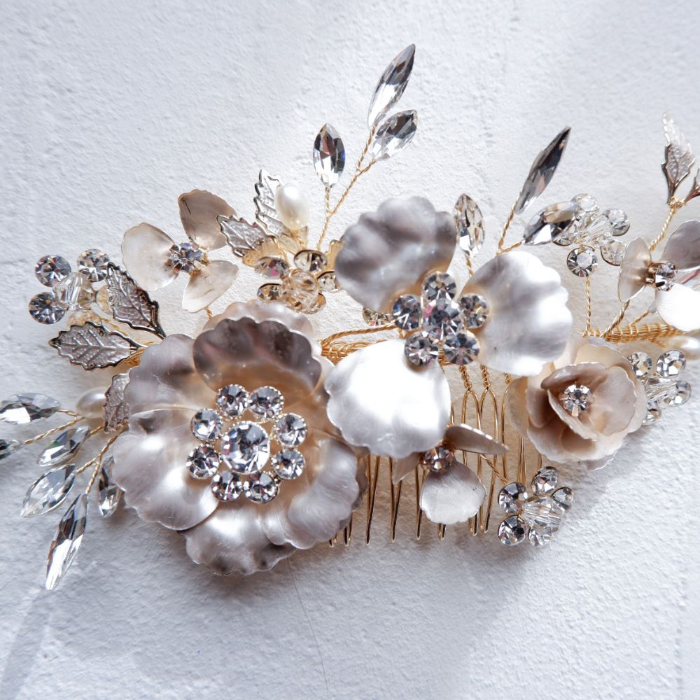 【ヘッドドレス】ブライダルヘッドドレス ビジュー フラワー ボンネ ゴールド m4 【結婚式 ヘアアクセサリー】