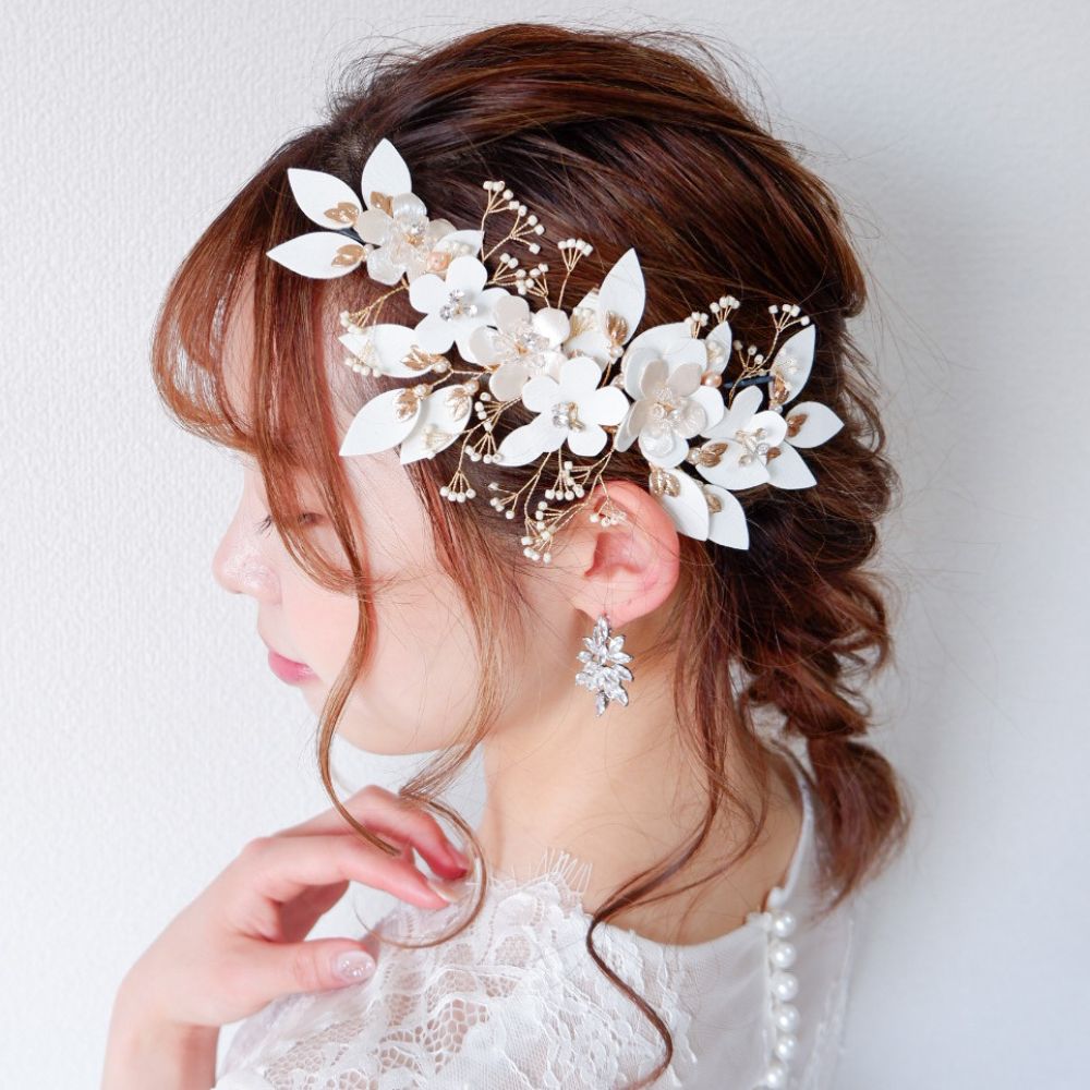 【ヘッドドレス】ブライダルヘッドドレス レザー フラワー ボンネ ゴールド m5 【結婚式 ヘアアクセサリー】