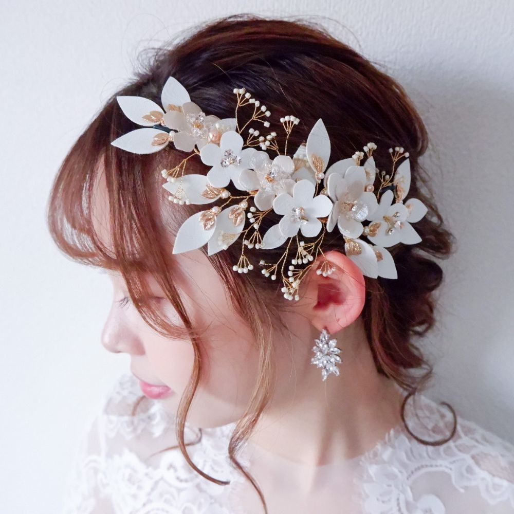 【ヘッドドレス】ブライダルヘッドドレス レザー フラワー ボンネ ゴールド m5 【結婚式　ヘアアクセサリー】