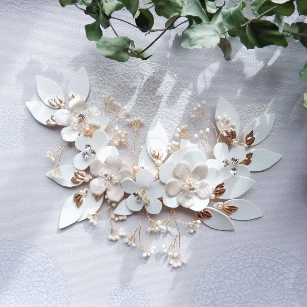 【ヘッドドレス】ブライダルヘッドドレス レザー フラワー ボンネ ゴールド m5 【結婚式 ヘアアクセサリー】