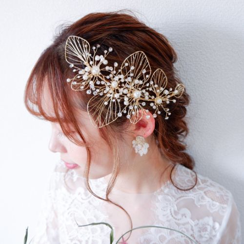 【ヘッドドレス】ブライダルヘッドドレス ビジュー フラワー ボンネ ゴールド m6 【結婚式　ヘアアクセサリー】